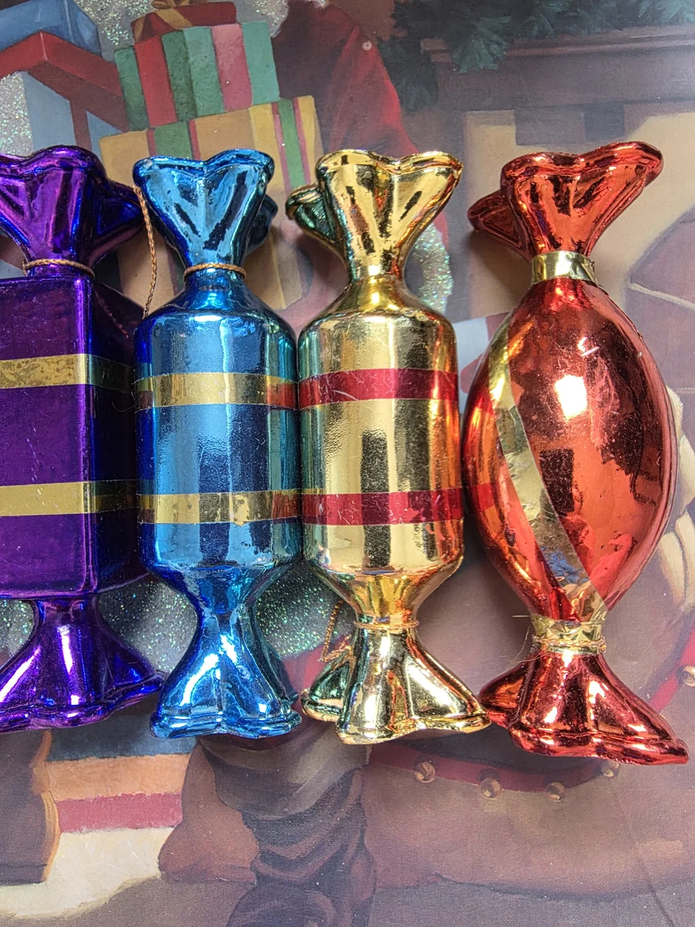 Set of 5 vintage plastic candy-shaped Christmas ornaments with a metallic mirror